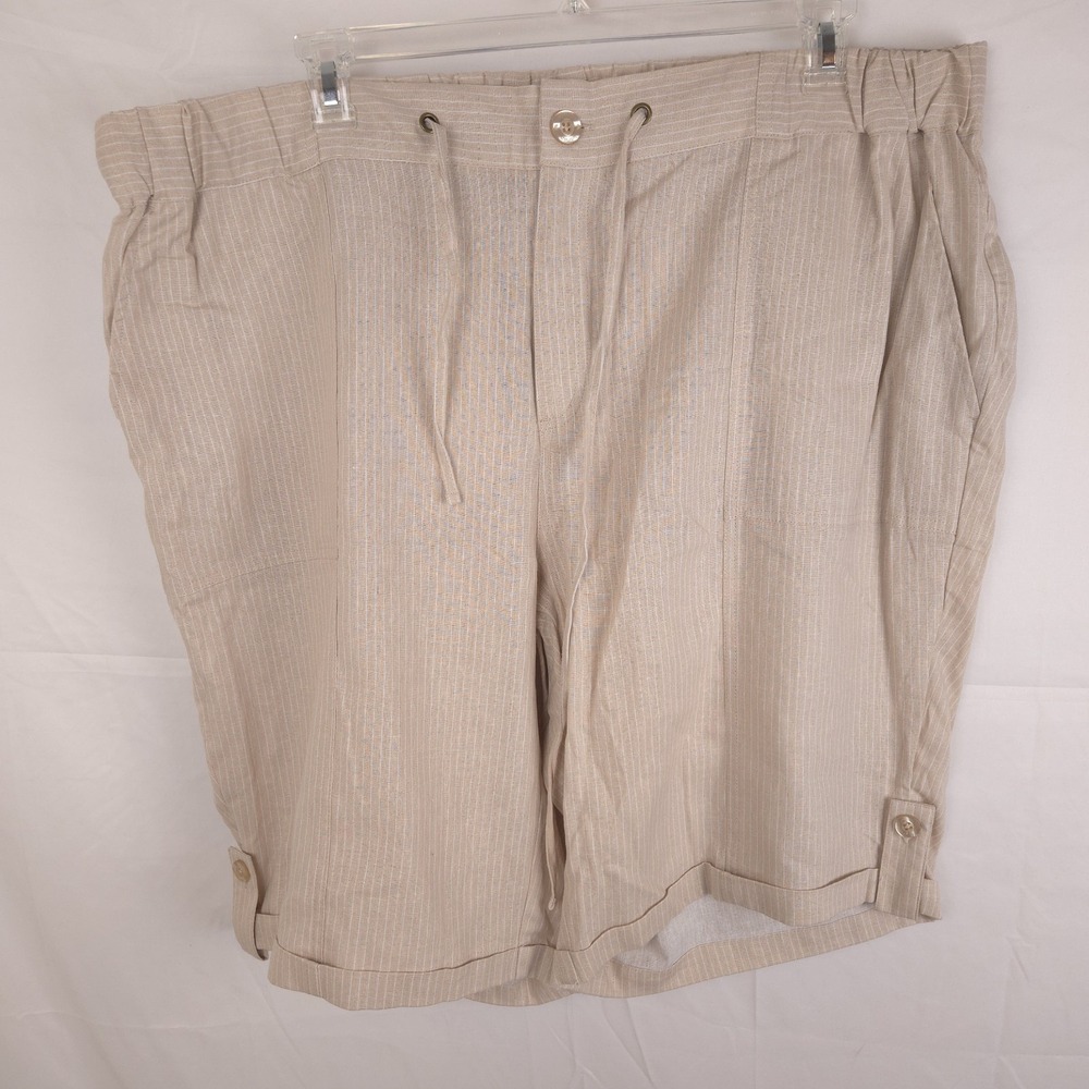 Woman Within 24W Linen Blend Pull-On Shorts Beige Striped Summer Office
